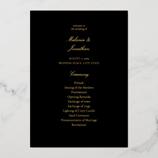 Zwarte Elegante Huwelijksceremonie Programma (Voorkant)
