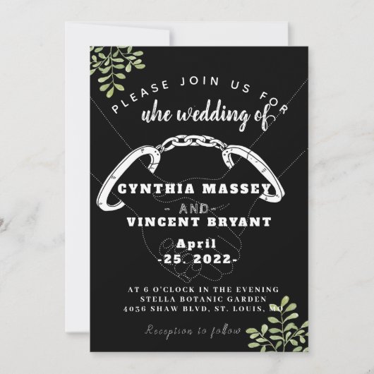 Zwarte elegante huwelijksuitnodiging met eucaly kaart (Voorkant)