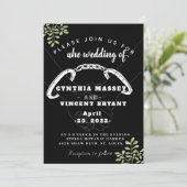 Zwarte elegante huwelijksuitnodiging met eucaly kaart (Staand voorkant)