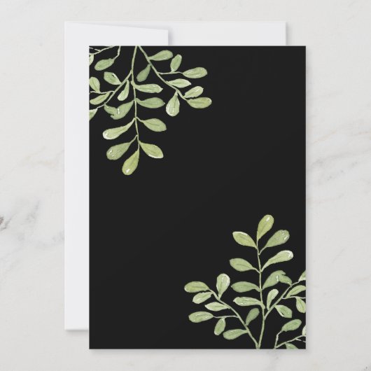 Zwarte elegante huwelijksuitnodiging met eucaly kaart (Achterkant)