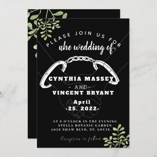 Zwarte elegante huwelijksuitnodiging met eucaly kaart (Voorkant / Achterkant)