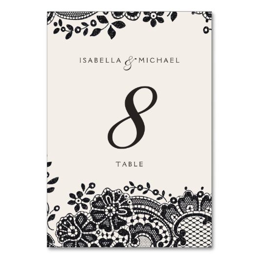 Zwarte elegante kanten trouwtafel kaart (Voorkant)