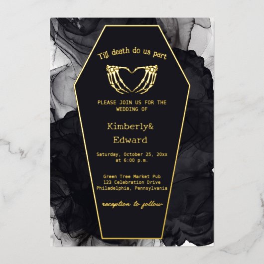 Zwarte Elegante Kist Gotische Halloween Huwelijk Folie Uitnodiging (Voorkant)