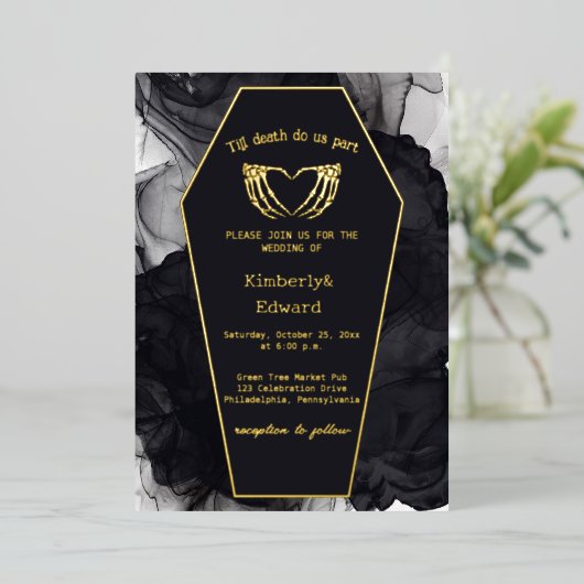 Zwarte Elegante Kist Gotische Halloween Huwelijk Folie Uitnodiging (Staand Voorkant)