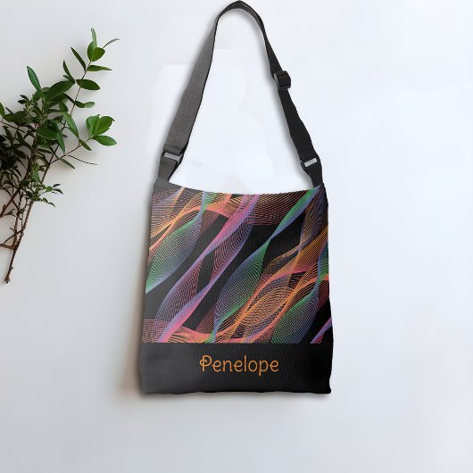 Zwarte elegante kleurige golvende naam crossbody tas