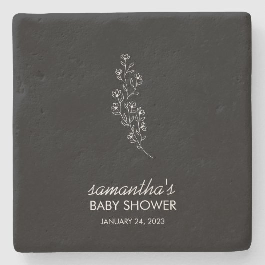 Zwarte Elegante Lijnkunst Bloem Stenen Onderzetter (Voorkant)