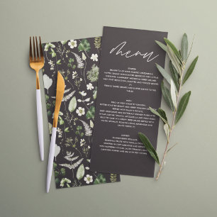 Zwarte elegante moderne botanische schrift bruilof menu