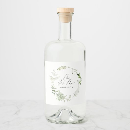 Zwarte elegante moderne botanische script bruiloft likeurfles etiket (Voorkant)