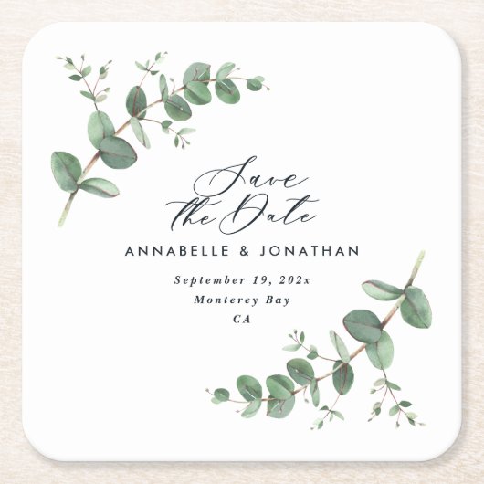 Zwarte elegante moderne eucalyptus bespaart de dat kartonnen onderzetters (Voorkant)