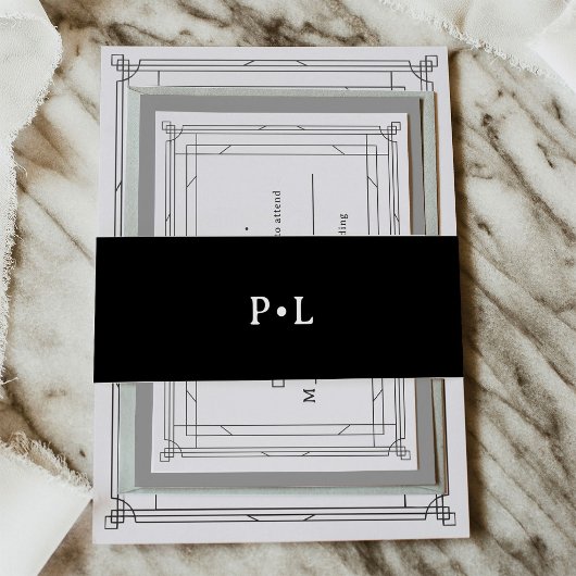 Zwarte Elegante Monogram Bruiloft Uitnodigingen Wikkel