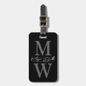 Zwarte Elegante Monogram Naam Bagagelabel (Voorkant verticaal)