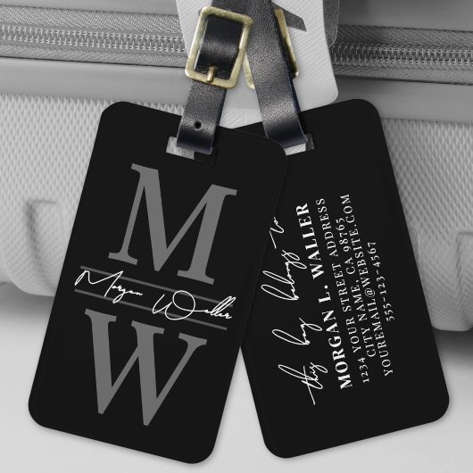 Zwarte Elegante Monogram Naam Bagagelabel