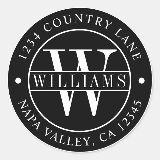 Zwarte Elegante Monogram Retouradres Ronde Sticker (Voorkant)