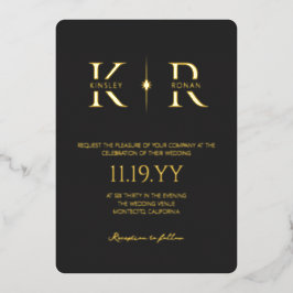 Zwarte Elegante Monogram Trouwkaart met Flare Folie Uitnodiging