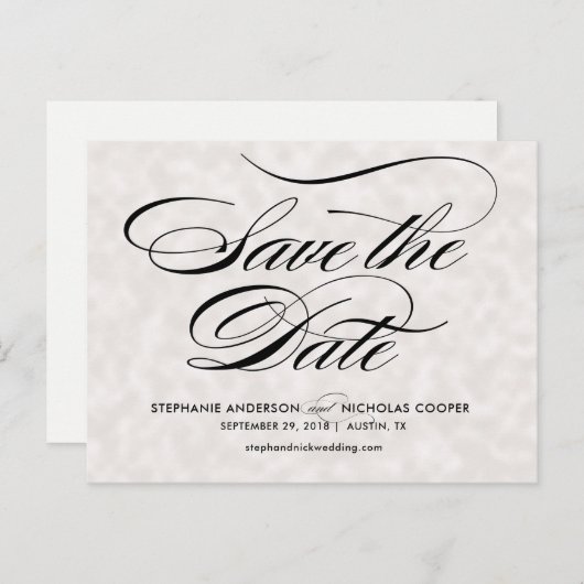 Zwarte elegante parel script bruiloft opslaan van aankondigingskaart (Voorkant / Achterkant)