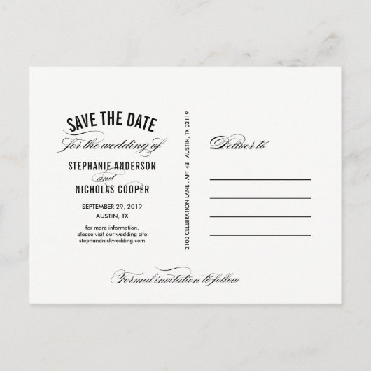 Zwarte elegante parel script bruiloft opslaan van aankondigingskaart (Achterkant)