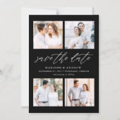 Zwarte Elegante Script 4 Foto Collage Save The Dat Magnetische Uitnodiging (Voorkant)
