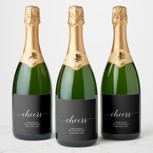 Zwarte Elegante Script Klinkt Feestgunst Sparkling Wijnetiket (Flessen)