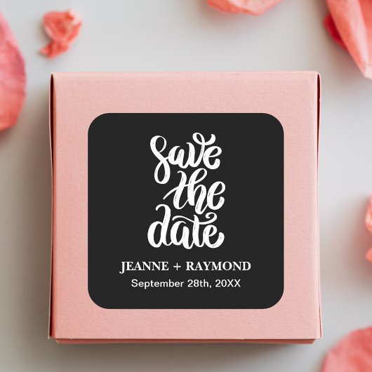 Zwarte Elegante Script Save The Date Boho Bruiloft Vierkante Sticker