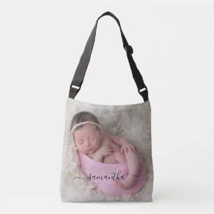 Zwarte Elegante Swash Handtekening Naam Foto Crossbody Tas