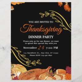 Zwarte Elegante Thanksgiving dinerfeest Print Flyer