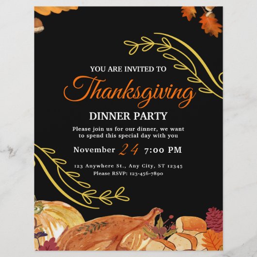 Zwarte Elegante Thanksgiving dinerfeest Print Flyer (Voorkant)