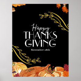 Zwarte Elegante Thanksgiving dinerfeest Printable Poster