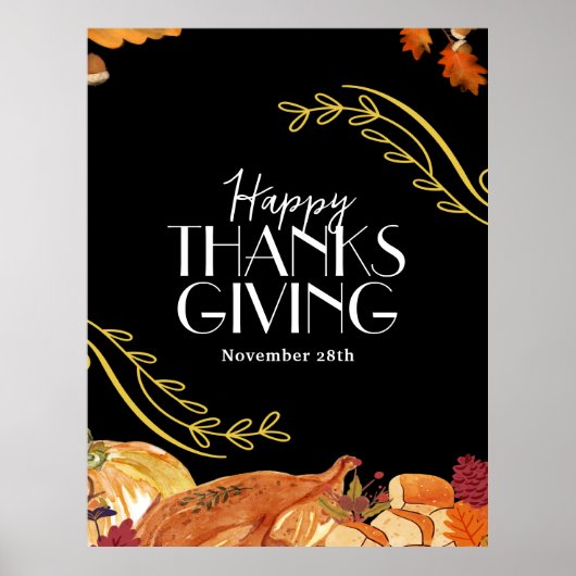 Zwarte Elegante Thanksgiving dinerfeest Printable Poster (Voorkant)