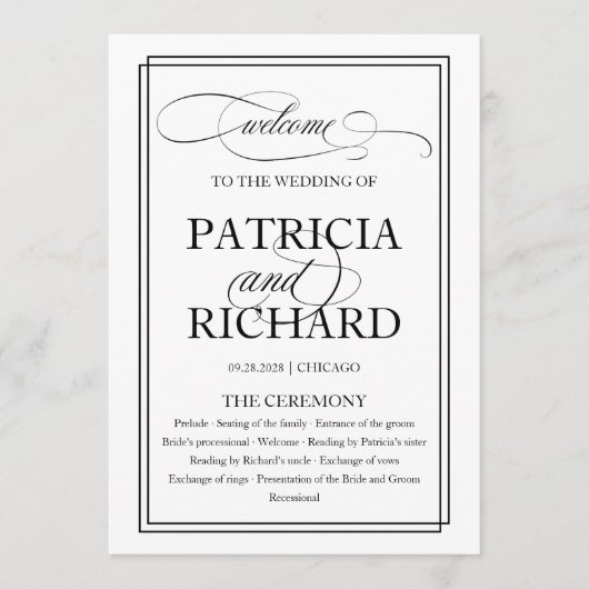 Zwarte Elegante Trouwceremonie Programma Programmakaart (Voorkant)