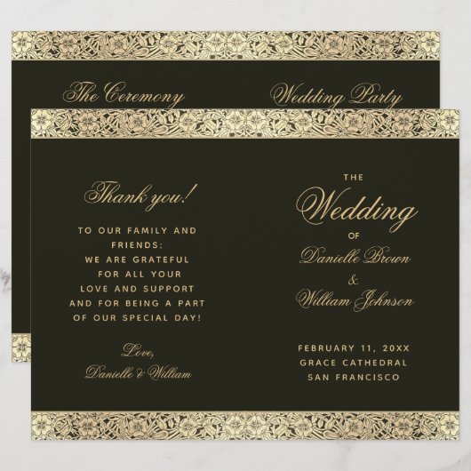 Zwarte Elegante Vintage Bloemige Trouwprogramma's (Voorkant / Achterkant)