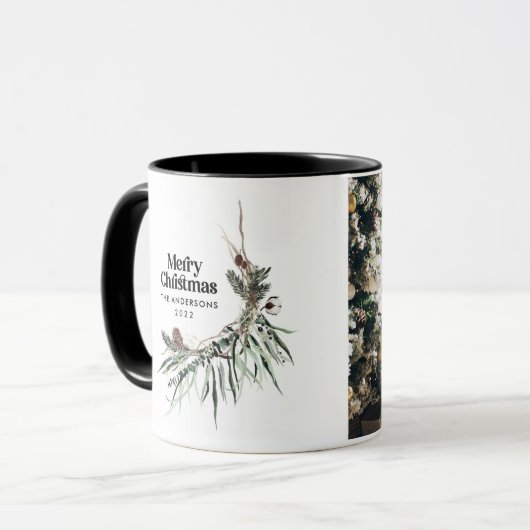 Zwarte elegante waterverf botanische kerstachic mok (Voorkant links)