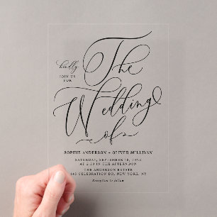 Zwarte Elegante Whimsical Calligraphy Bruiloft Acryl Uitnodigingen