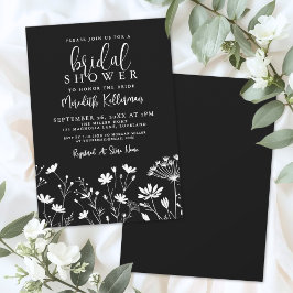 Zwarte Elegante Wilde Bloemen Bruidsdouche Kaart