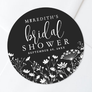 Zwarte Elegante Wilde Bloemen Bruidsdouche Ronde Sticker