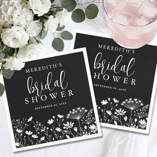 Zwarte Elegante Wilde Bloemen Bruidsdouche Servet