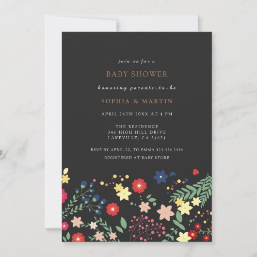 Zwarte Elegante Wilde Bloemen Patroon Baby Shower Kaart (Voorkant)