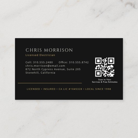 Zwarte Elektromonteur Professioneel QR-code Visitekaartje (Achterkant)