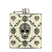 Zwarte en beige bloemige suikerschedel heupfles (Voorkant)