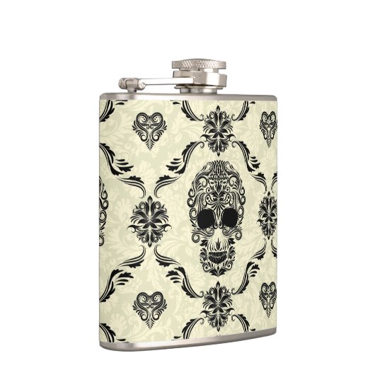 Zwarte en beige bloemige suikerschedel heupfles (Rechts)