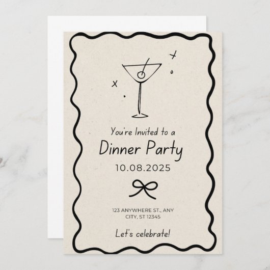 Zwarte en beige diner uitnodigen kaart (Voorkant / Achterkant)