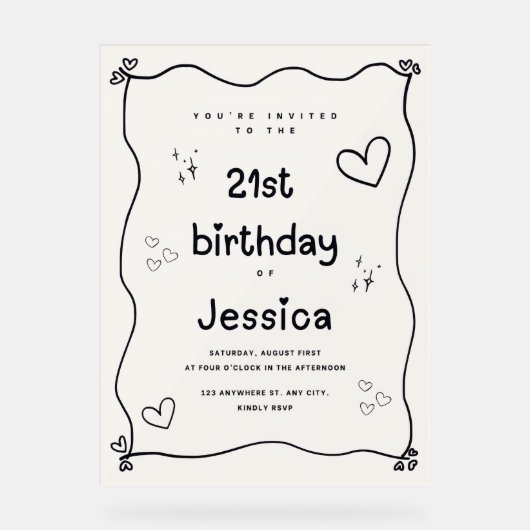 Zwarte en beige hart minimale uitnodiging acryl bord (Voorkant)