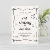 Zwarte en beige hart minimale verjaardag uitnodige kaart (Staand voorkant)