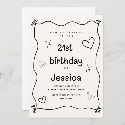 Zwarte en beige hart minimale verjaardag uitnodige kaart (Voorkant / Achterkant)