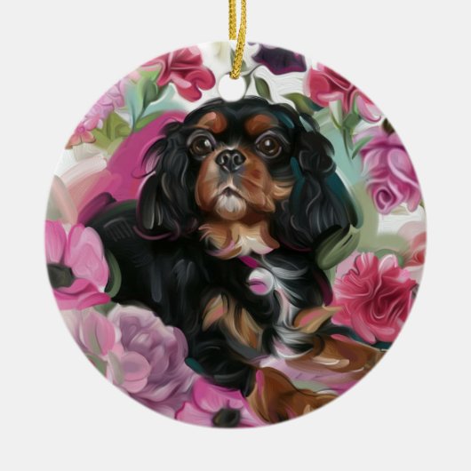 Zwarte en beige kerstsierbloem met Cavalier Keramisch Ornament (Voorkant)