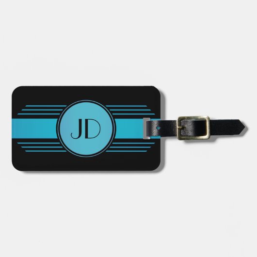 Zwarte en blauwe Art Deco bagagelabel met monogram (Voorkant horizontaal)
