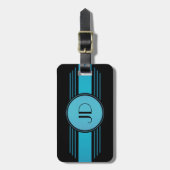 Zwarte en blauwe Art Deco bagagelabel met monogram (Voorkant verticaal)