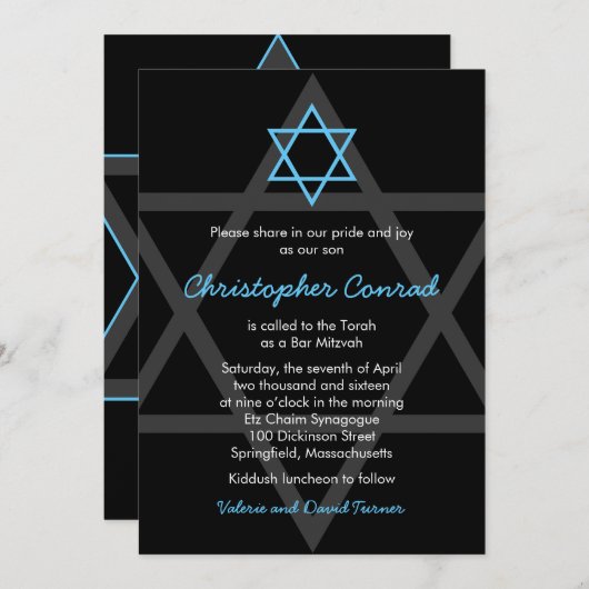 Zwarte en Blauwe Bar Mitzvah Uitnodiging (Voorkant / Achterkant)