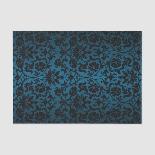 Zwarte en blauwe Blauwgroen Floral Damask Tissuepapier (Voorkant)