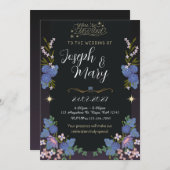 Zwarte en blauwe bloemen bruiloft uitnodiging (Voorkant / Achterkant)