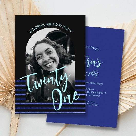 Zwarte en blauwe boog foto 21ste verjaardagsfeest kaart